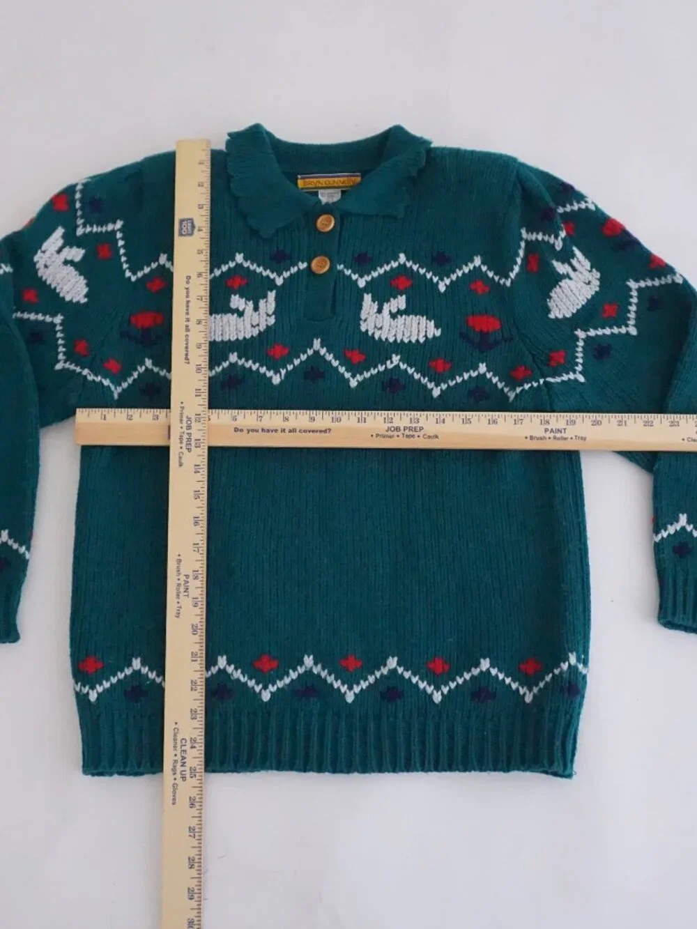 Vintage Bryn Connelly Green Bunny 15% Wool Fair Isle Knit Collared Sweater L - Picture 3 of 10